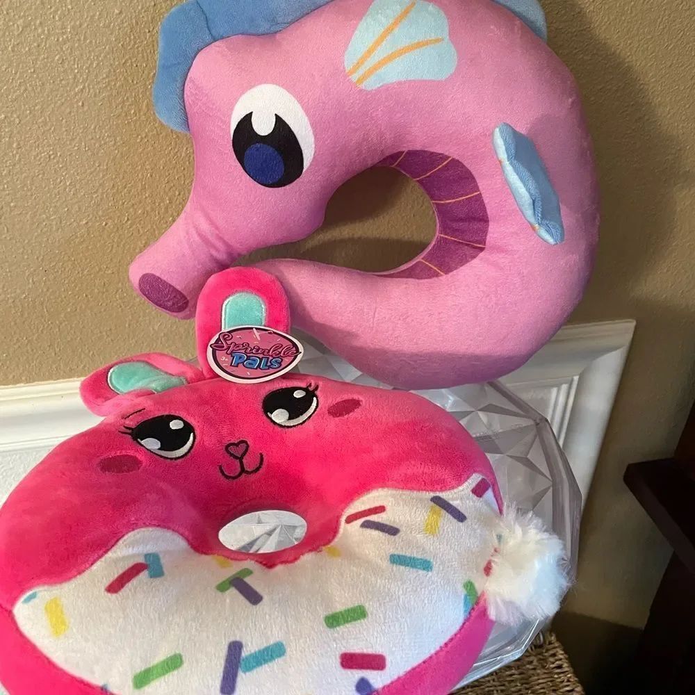 Pink and Blue Plush Seahorse and Donut Toy Set